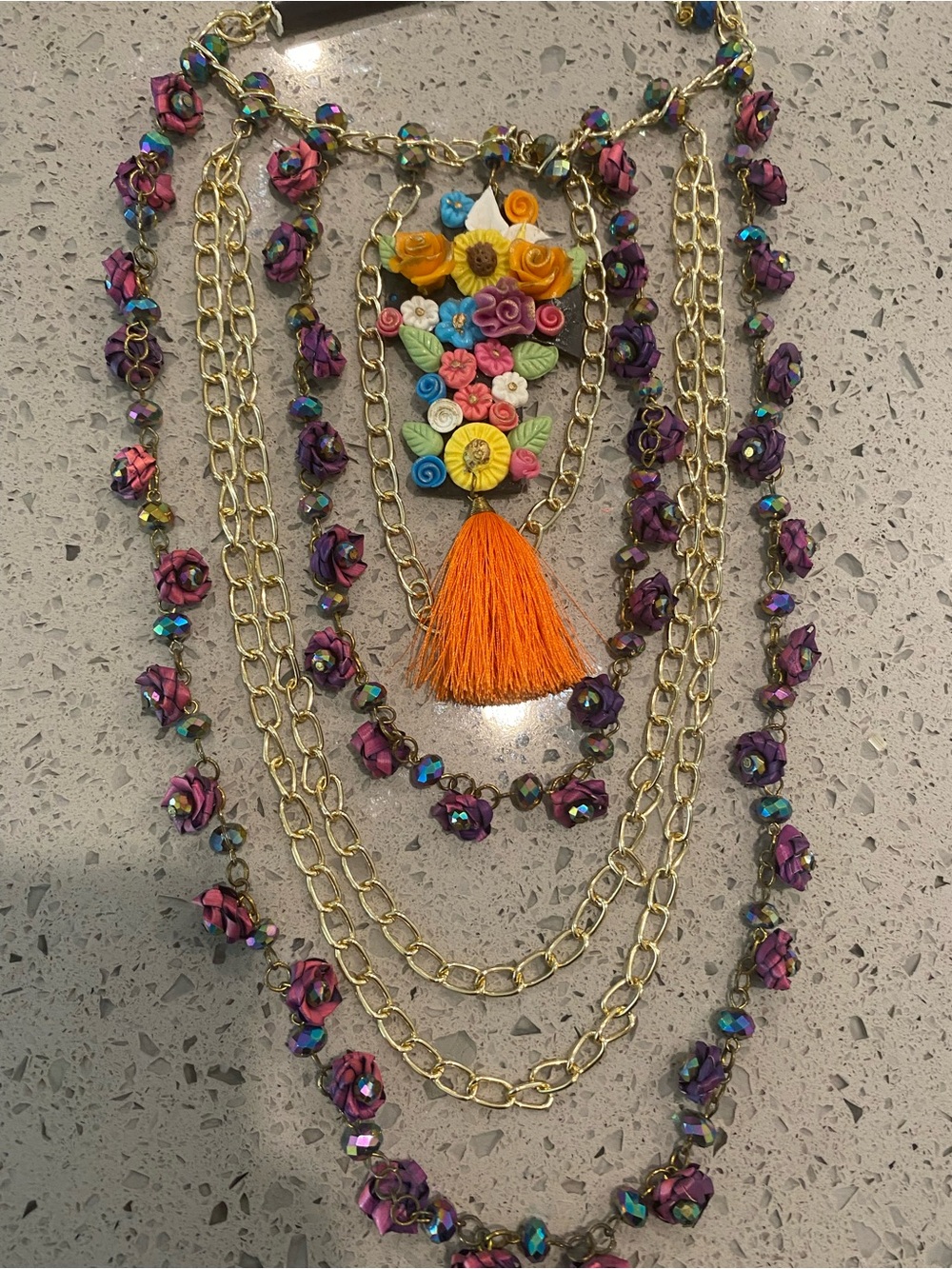 Hand Crafted Multicolor Floral Statement Necklace with Orange Tassel - Picture 3 of 6